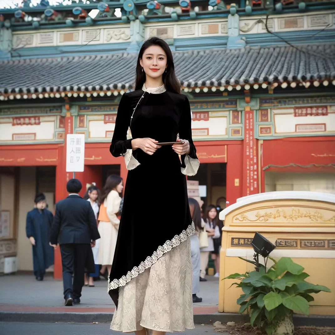 300斤大码女装胖mm秋冬国风改良旗袍2024新款高级感假两件连衣裙