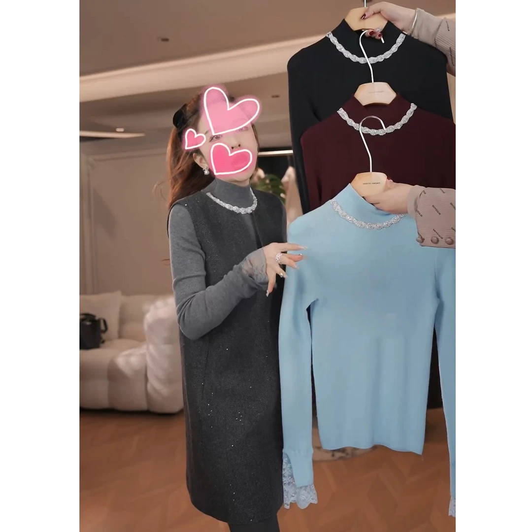 2024秋冬新款上衣半高领长袖打底衫钉珠精致内搭蕾丝T恤LK2500359