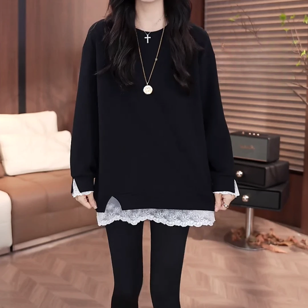 2024秋冬新款设计感假两件显瘦长袖拼接蕾丝打底上衣LK2500756