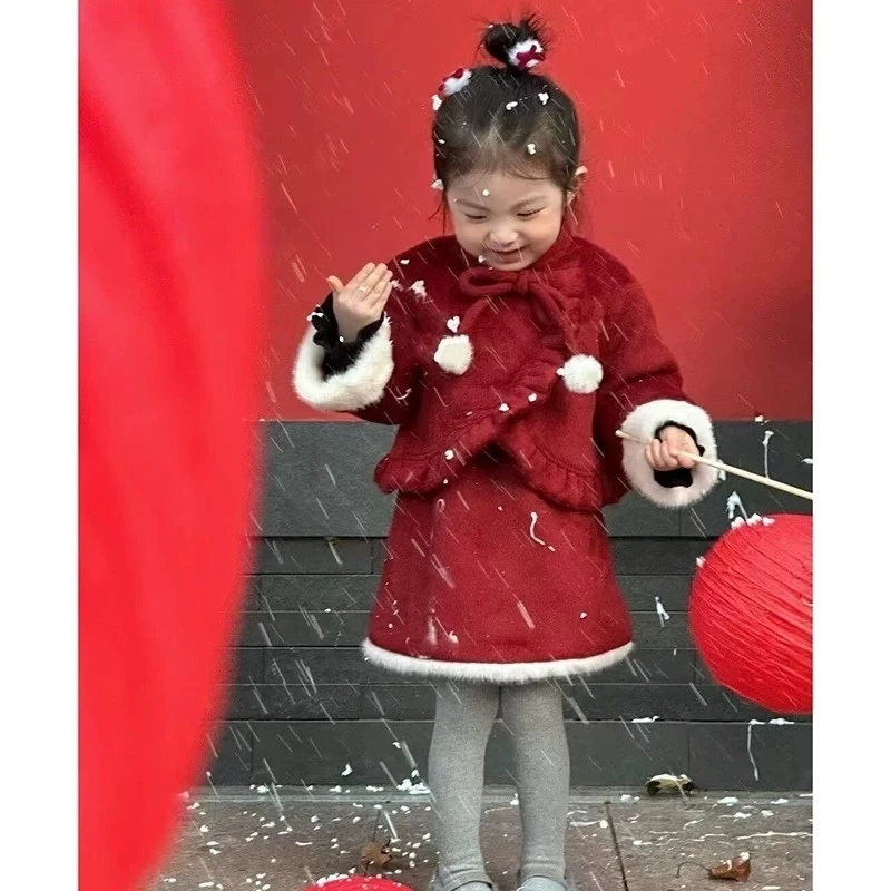【黎安当当】2024冬款红色加厚洋气拜年服套装-68236（外套+半裙）