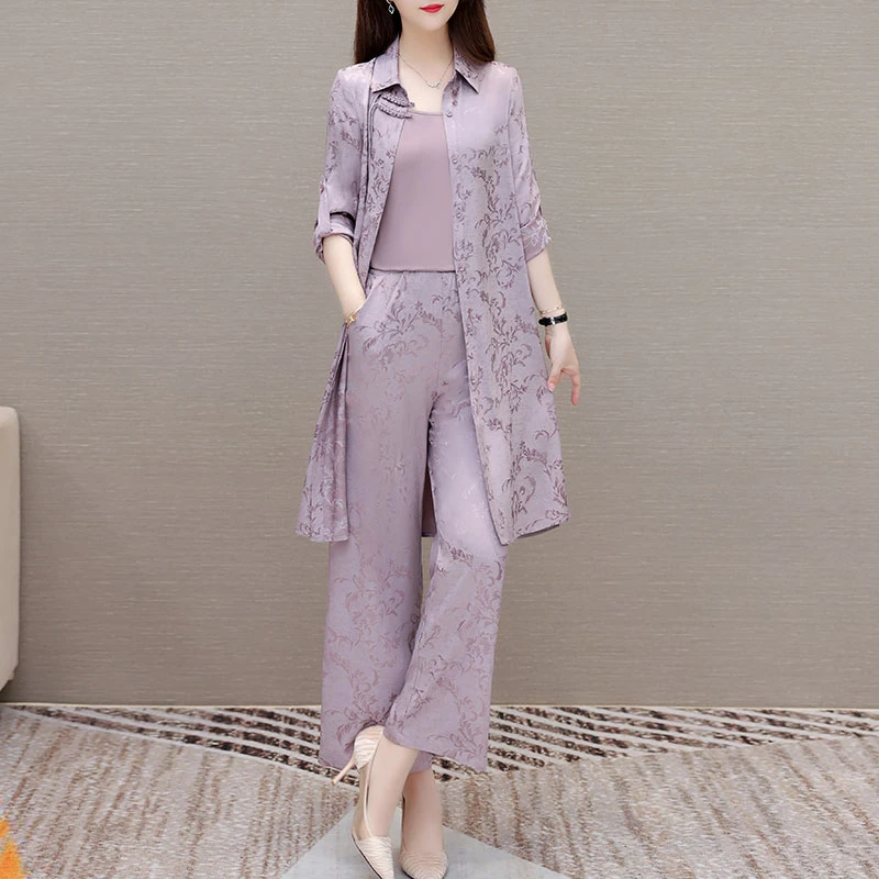 中年妈妈气质套装2024新款春夏女印花长衫阔腿裤复古阔太太三件套