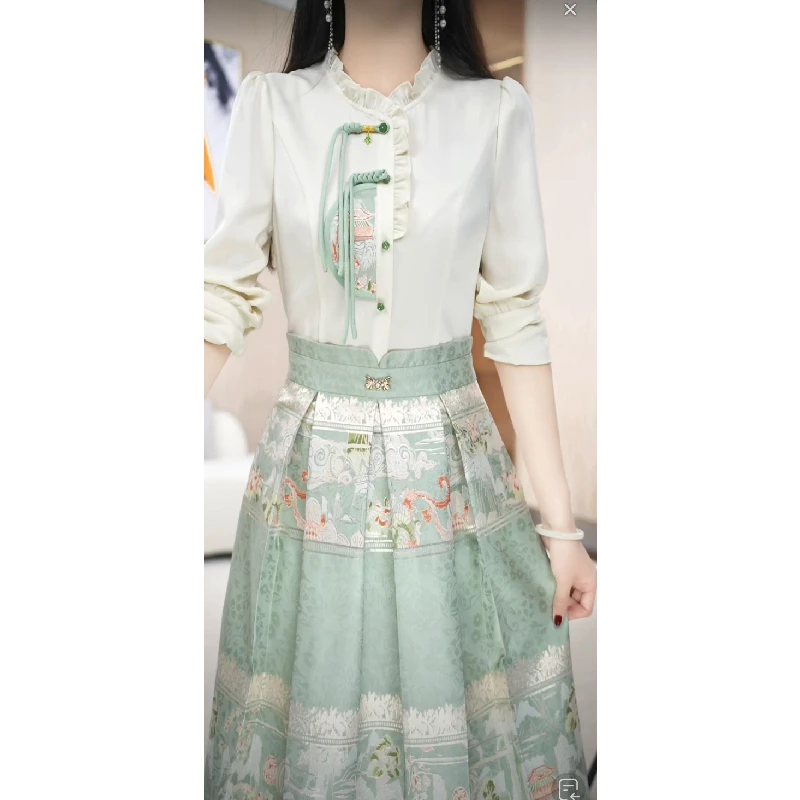 莉丝雅修身显白木耳领拼接收腰中长款连衣裙M-5XL气质复古马面裙