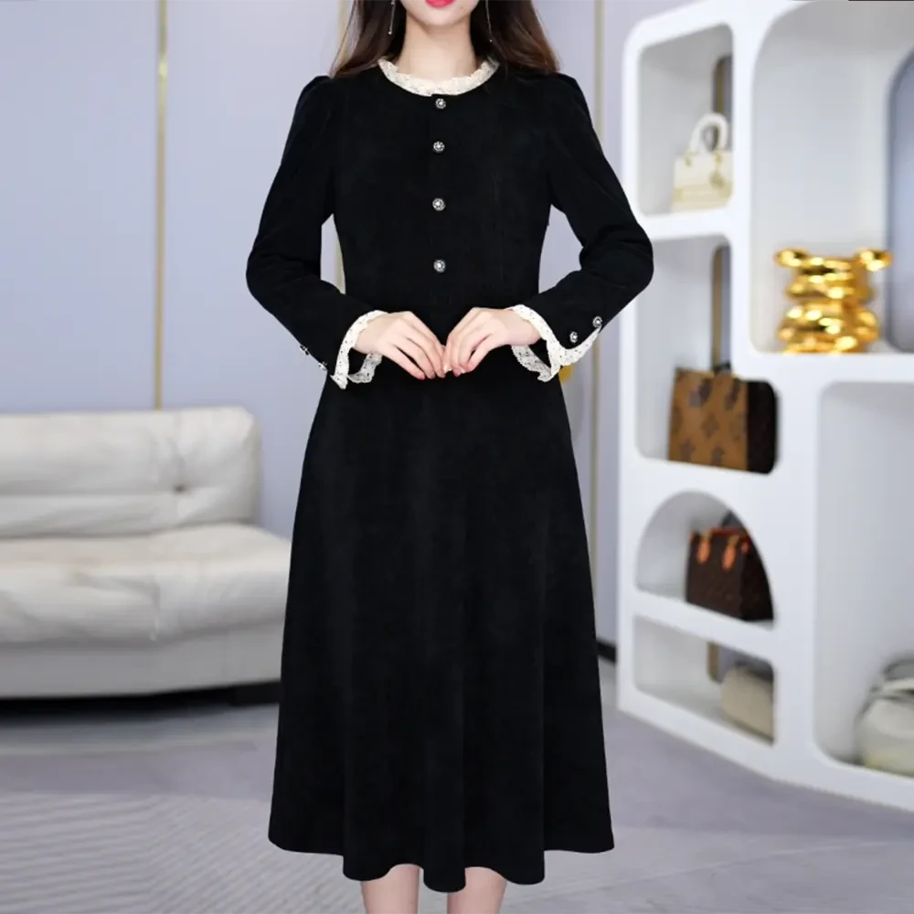 连衣裙修身黑色气质长袖秋冬复古洋气时尚收腰中长款显瘦裙子