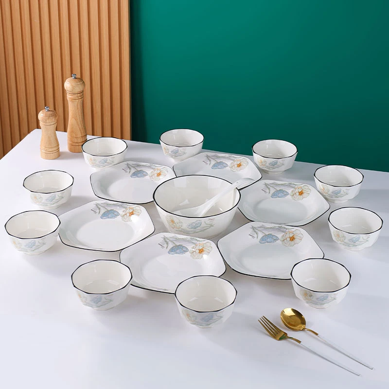 句途18件爱莲说家用团圆碗盘餐具套装家用米饭碗菜盘陶瓷餐具套装