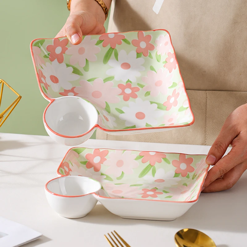 句途2个9英寸粉黛佳人饺子盘家用带醋碟多功能蘸料盘防烫陶瓷菜盘