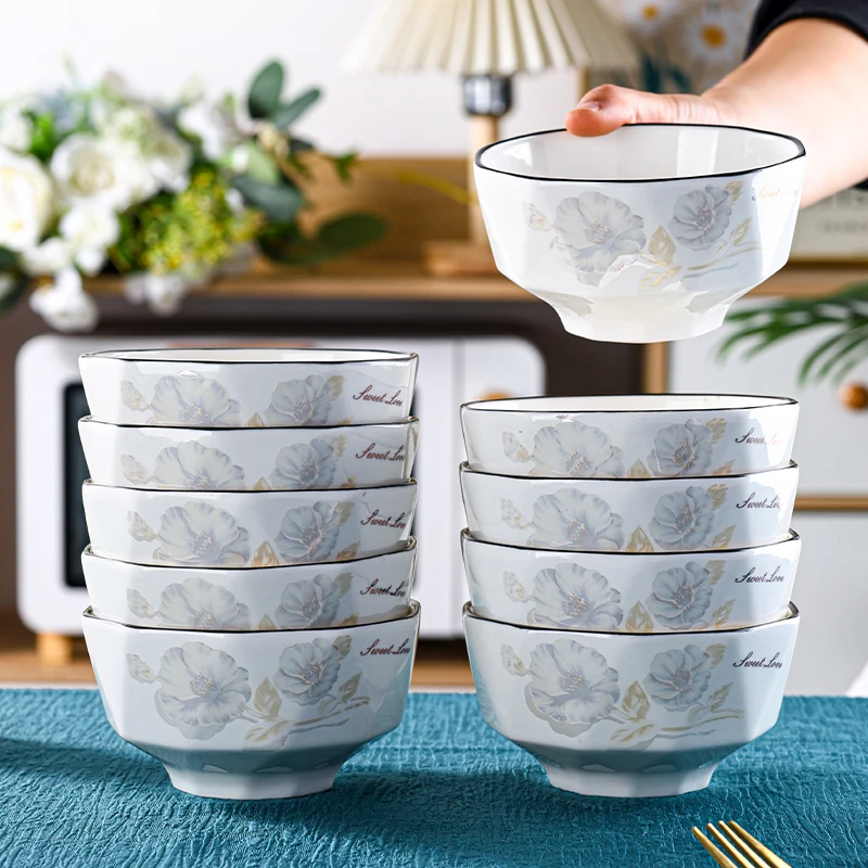 句途10只甜蜜蜜碗家用陶瓷4.5英寸米饭碗加厚防烫吃面碗国潮风碗