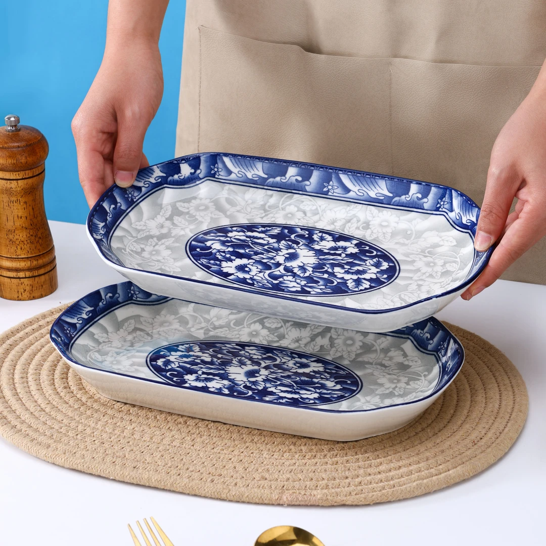 句途2个装青花瓷12英寸大鱼盘家用陶瓷蒸鱼大号菜盘子复古长盘子