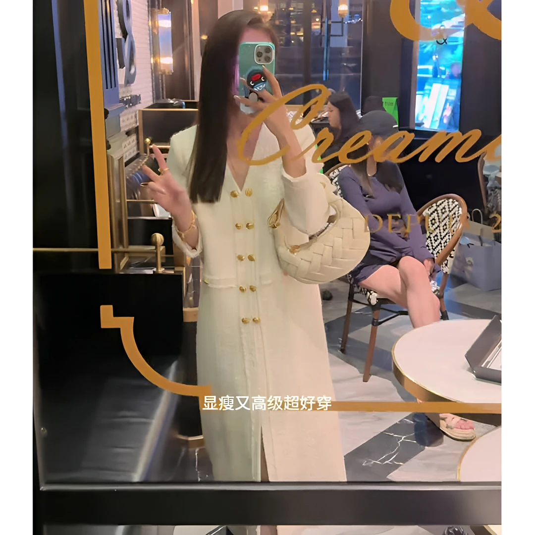 小香风白色V领开叉连衣裙女高端精致超好看长裙正式场合气质裙子