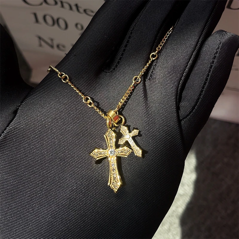 钛钢项链 不掉色双十字架男女潮流高级感吊坠小众轻奢毛衣链