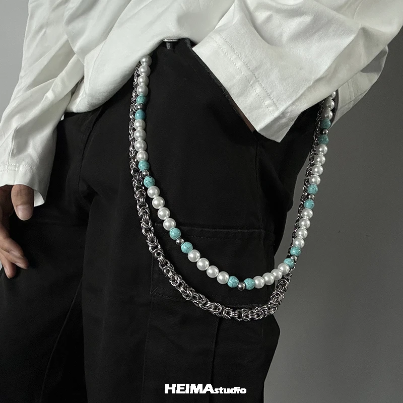 重工美式复古小众裤链双层嘻哈挂链装饰珍珠配饰ins腰链潮
