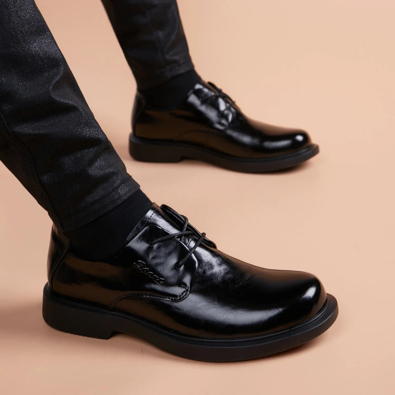 KLWP男士皮鞋男款真皮秋冬款商务正装内增高英伦休闲系带黑色皮鞋