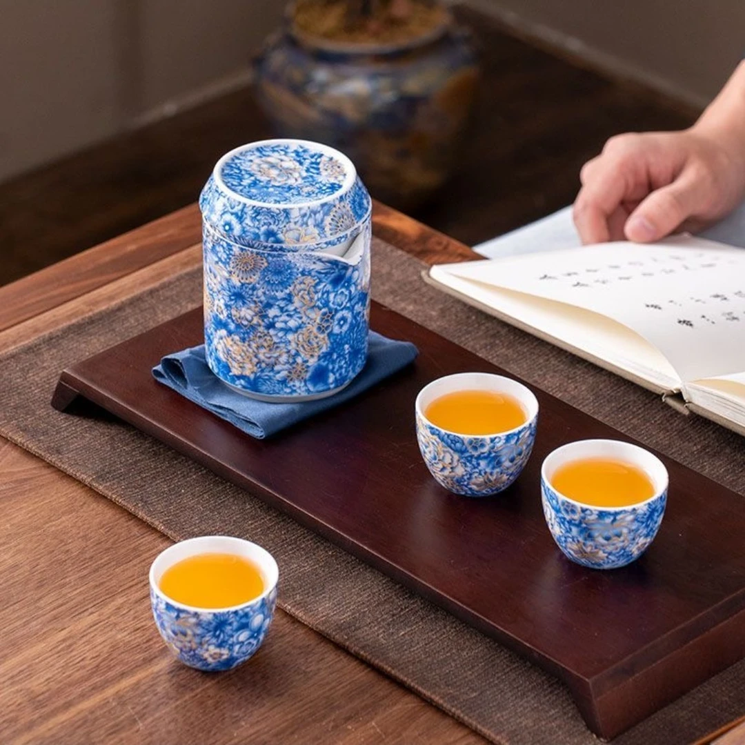 高档掐丝珐琅彩牡丹旅行茶具便携式功夫茶具套装