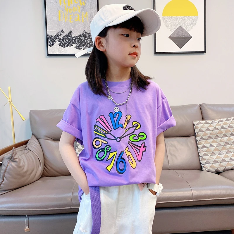 【100%纯棉】童装2024夏季新款男童女童糖果色时钟百搭舒适短袖T恤
