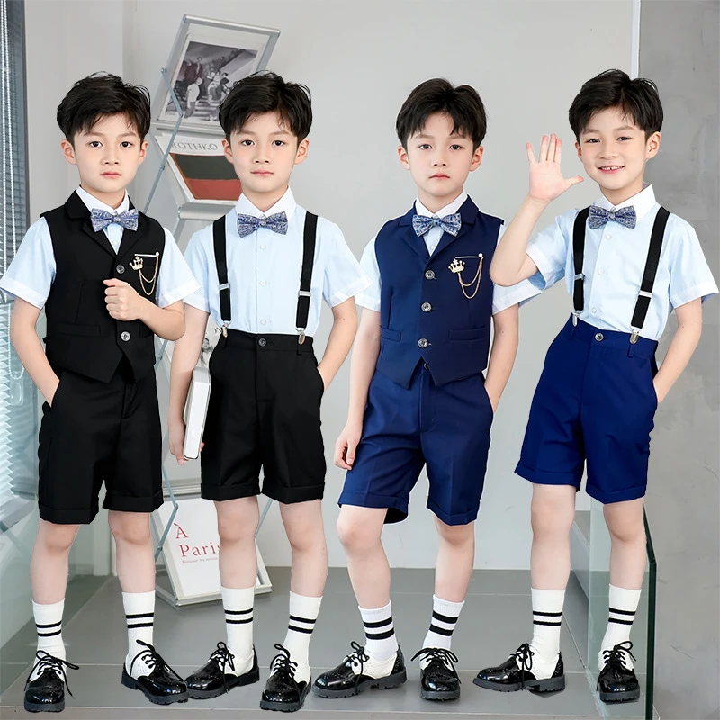 2024儿童礼服男童花童马甲套装钢琴演出服男孩背带裤主持人西服夏