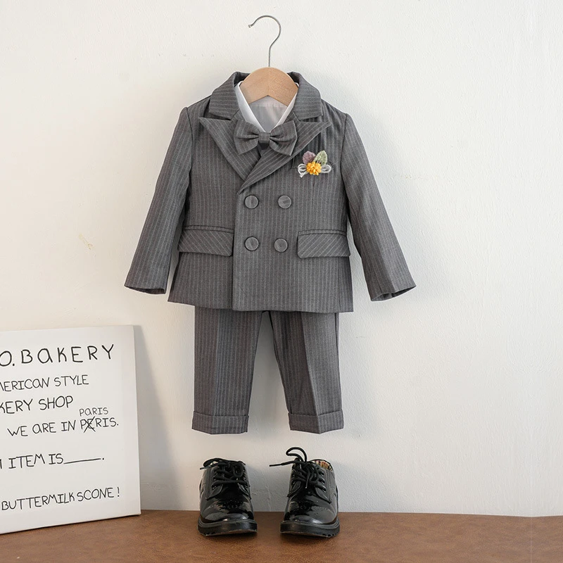 男童背带裤套装春款条纹韩版马甲儿童合唱演出礼服周岁生日摄影服