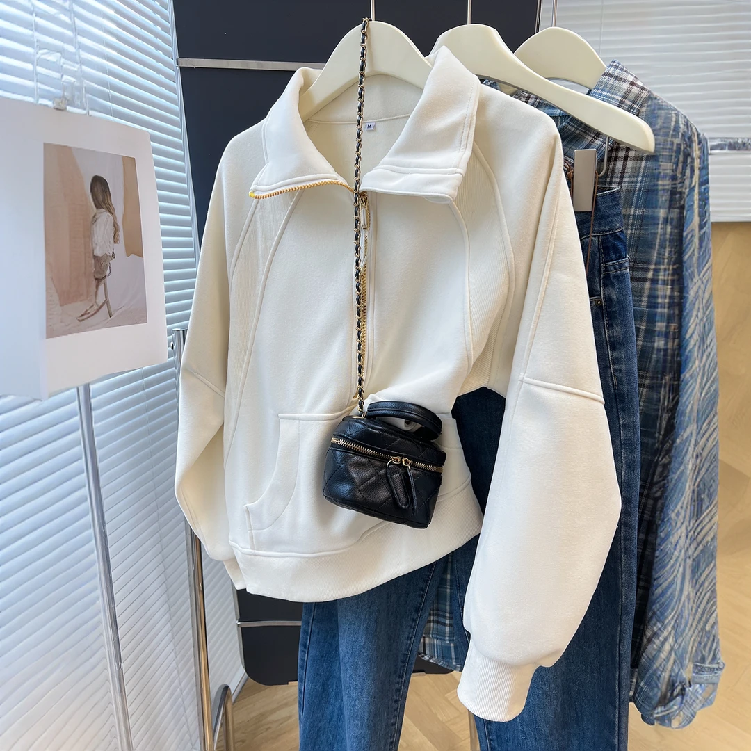 美式重磅新款秋冬女装半拉链高领百搭卫衣显瘦立领时尚休闲长袖