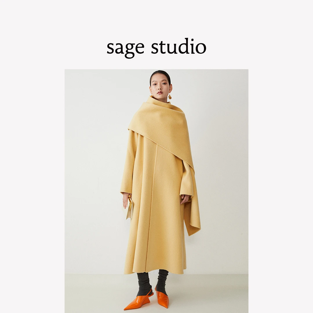 sagestudio 衣橱B备款 100%优质羊毛 浅鹅黄色A型设计感大衣外套