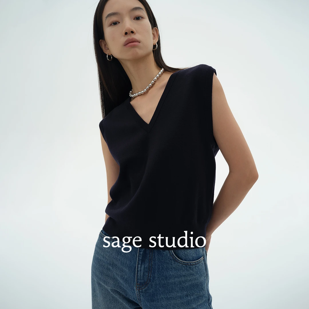 sage studio 深藏青极细美丽诺绵羊毛V领套头毛织背心