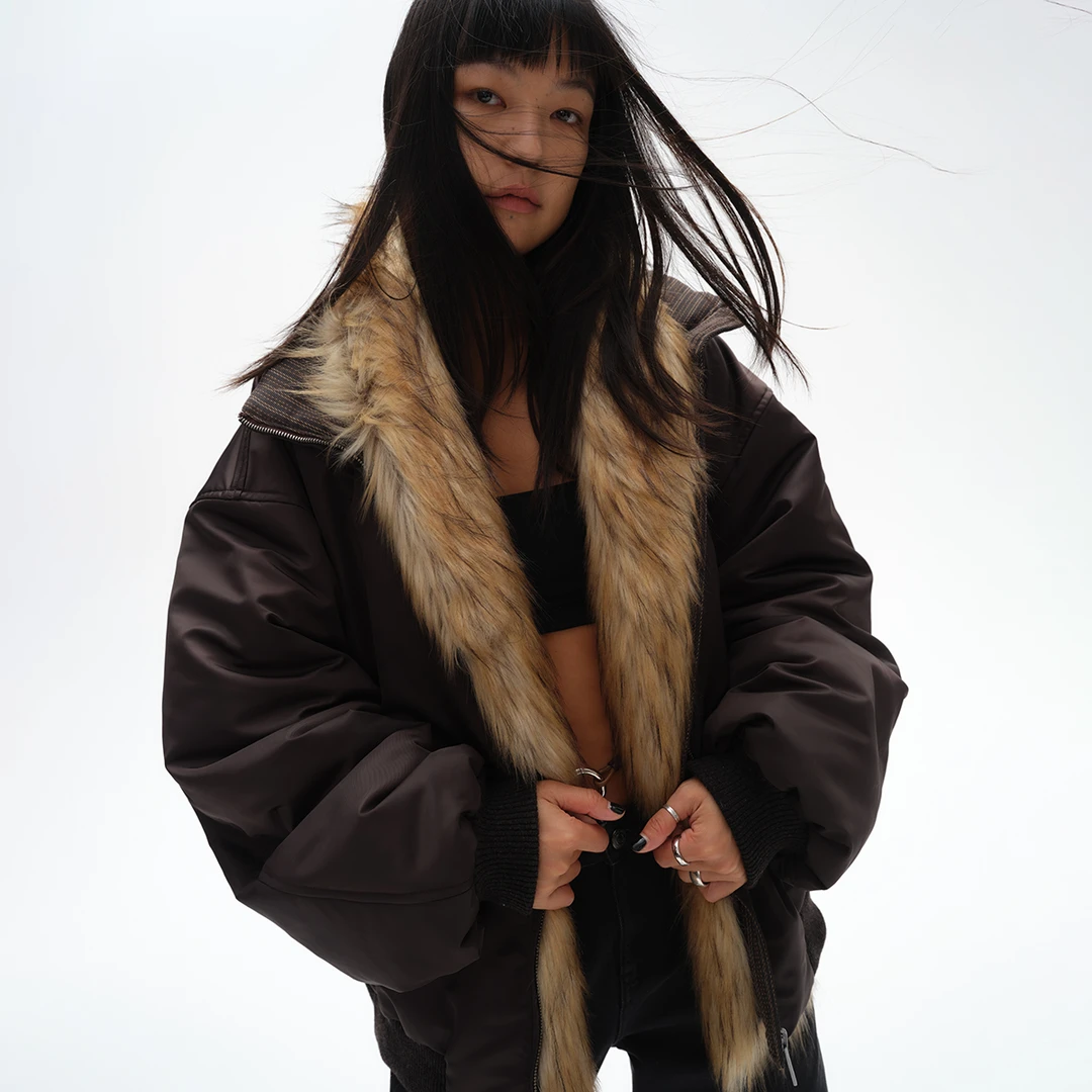 sagestudio 可拆卸毛领 马鞍棕双面穿飞行员棉服夹克