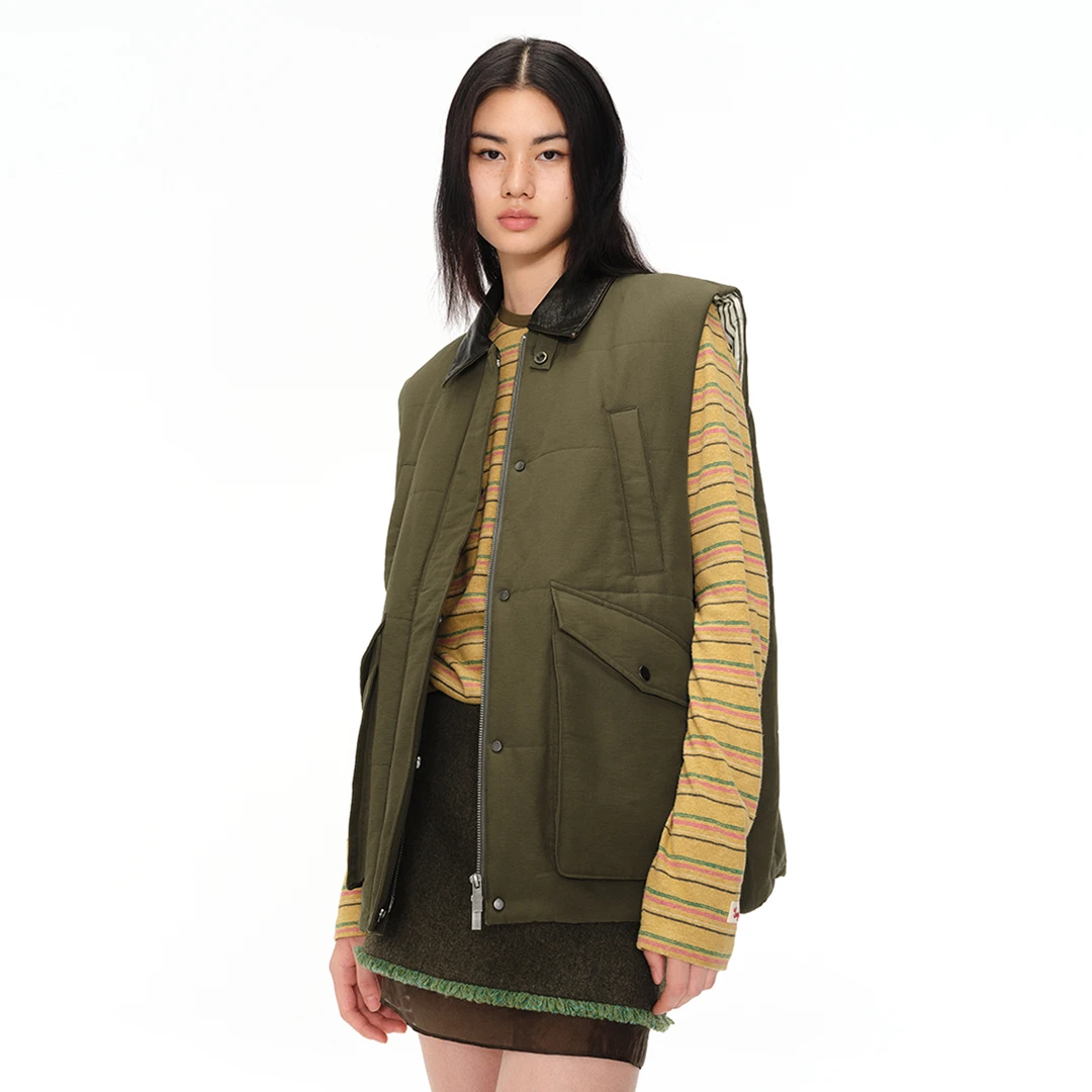 sagestudio 海藻绿环保尼龙棉皮领绗缝工装棉服马甲