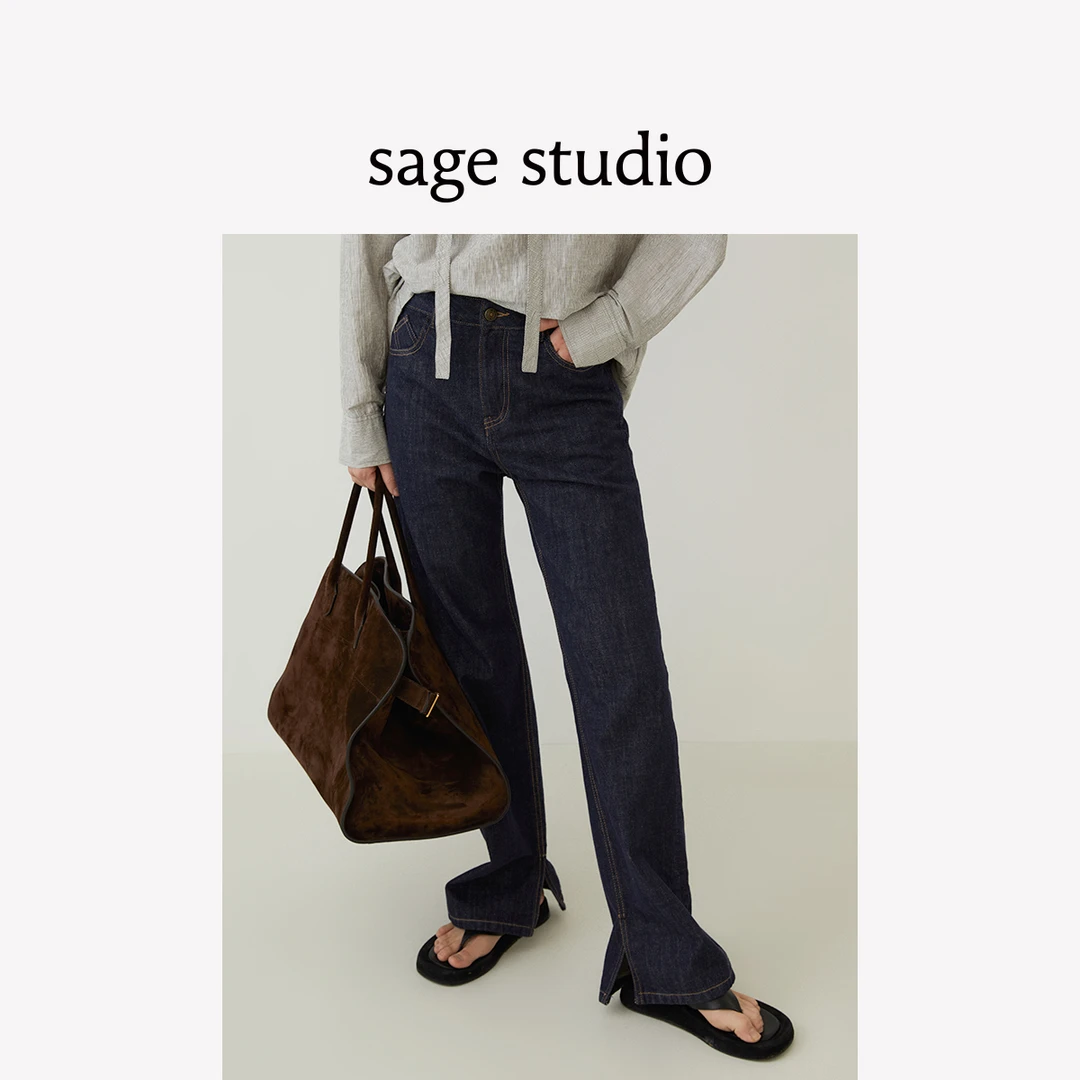 sagestudio 简约复古 内脚口开衩设计 翻边直筒内灰牛仔长裤