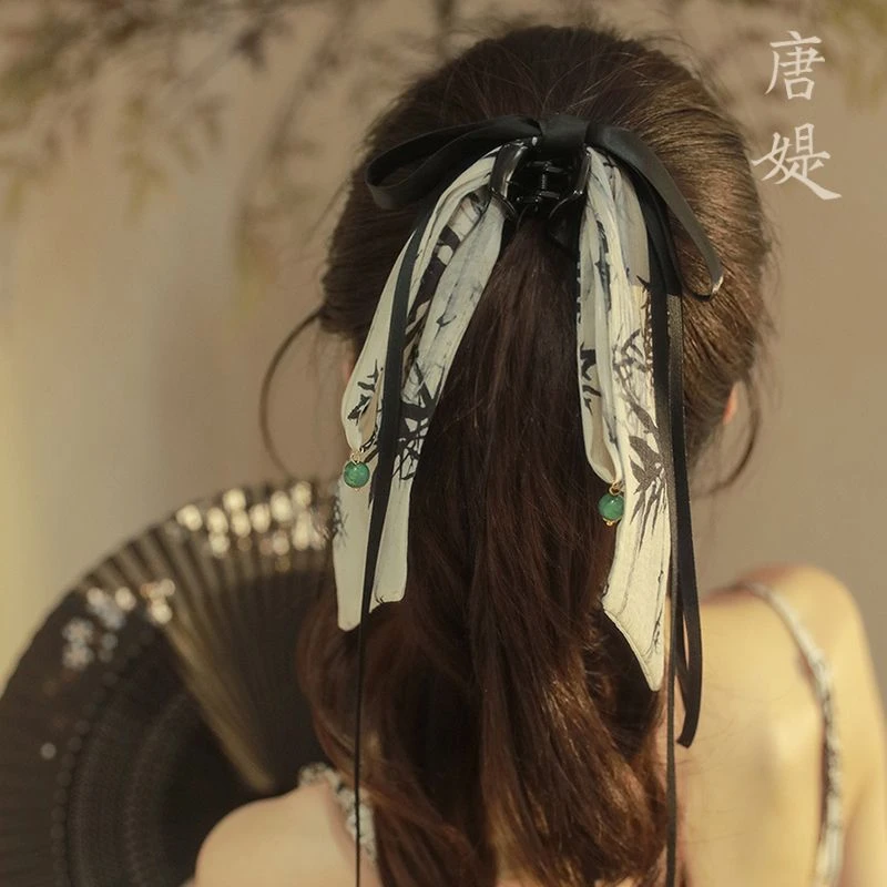 新中式水墨画蝴蝶结飘带抓夹气质发夹女后脑勺鲨鱼夹古风头饰