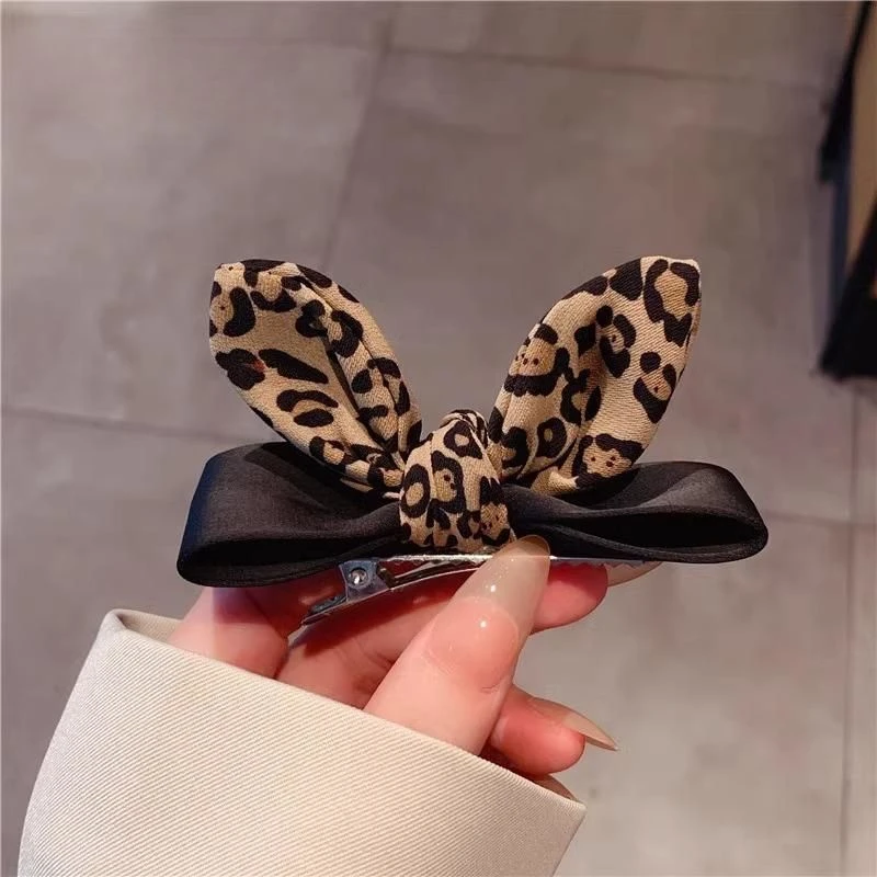 秋上秋季新穿搭法式豹纹兔耳朵发夹女一字刘海顶夹韩国碎发夹头饰