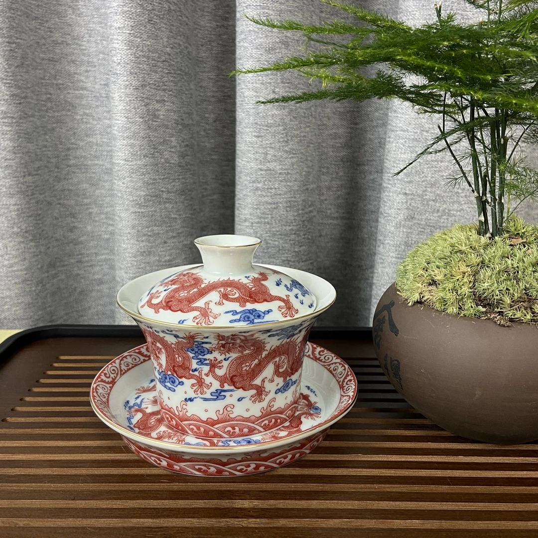 景德镇陶瓷主人杯纯手工矾红描金九龙花纹马蹄盖碗家用三才盖碗