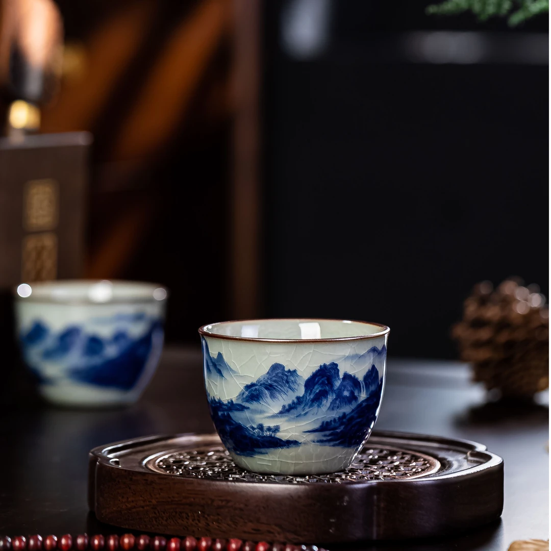(拍3发4)景德镇青花陶瓷主人杯手工老陶泥千里江山客杯家用小茶杯