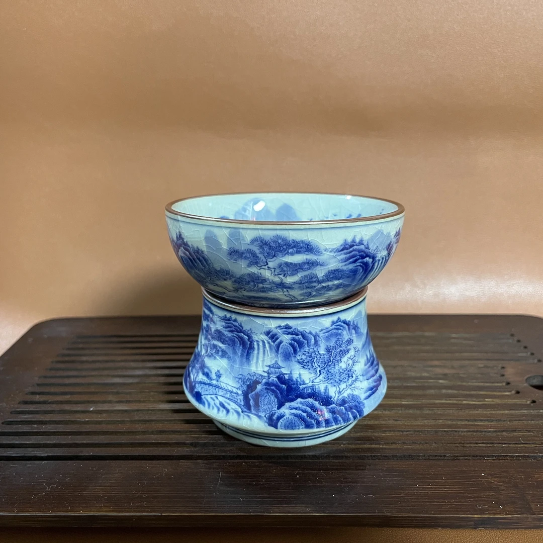 景德镇青花陶瓷茶滤老陶泥重工山水茶漏瓷孔过滤两件套