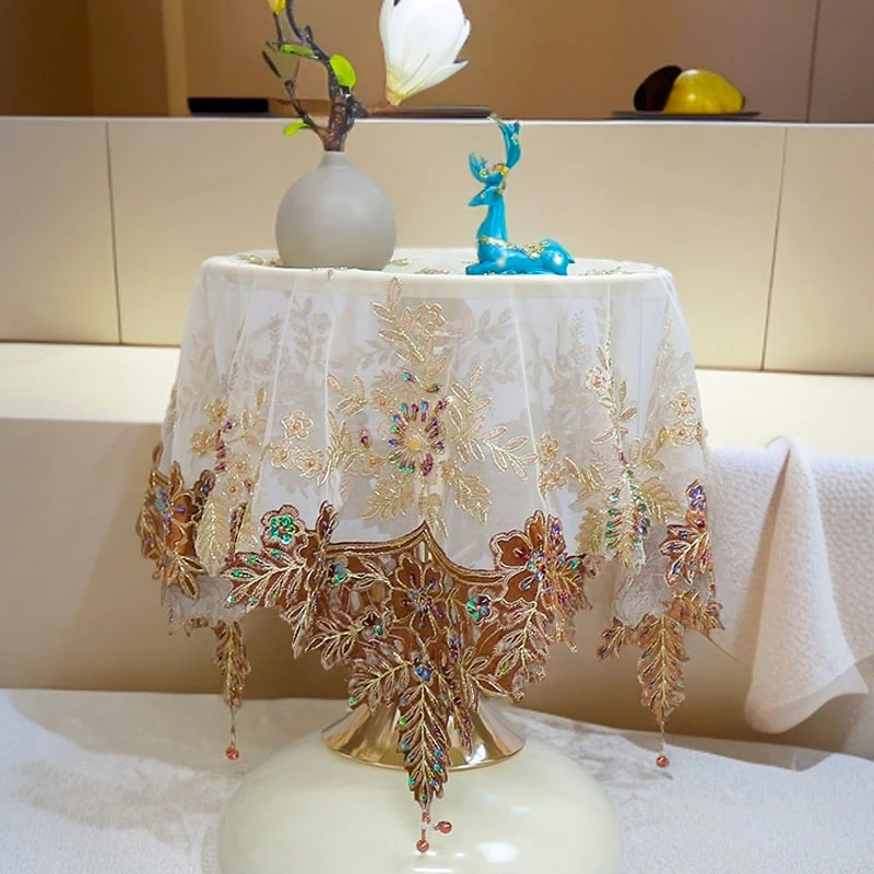 欧式蕾丝手工钉珠圆桌布桌布台布艺圆柱立柜空调防尘盖巾防尘罩布