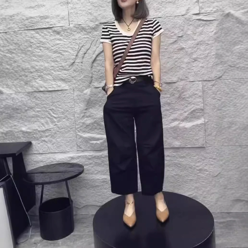 2024夏季新洋气减龄时尚条纹短袖T恤休闲阔腿裤女