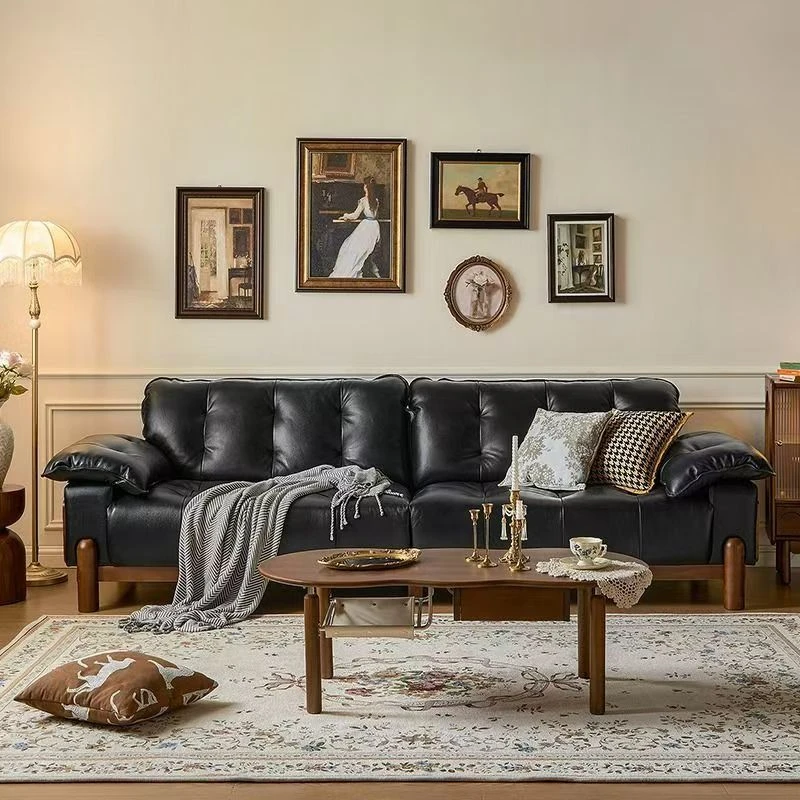 沙发法式复古意式极简休闲直排小户型客厅三人位真皮黑色美式沙发