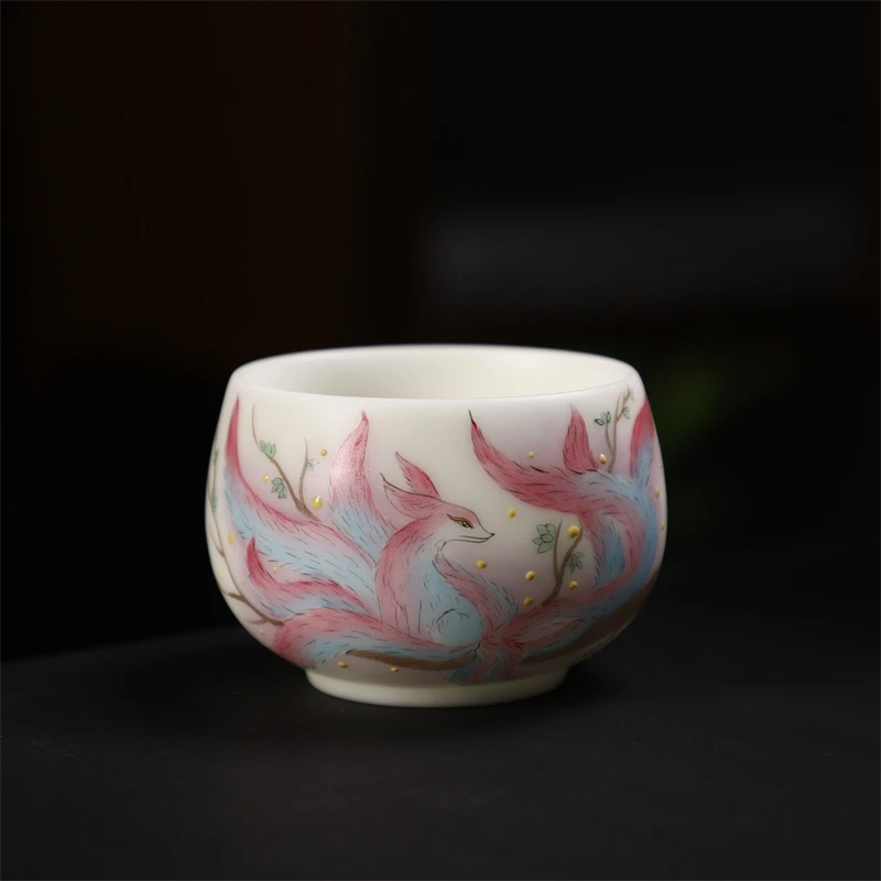 手绘九尾狐主人杯高档观山海女士个人专用茶杯羊脂玉老师底款茶盏