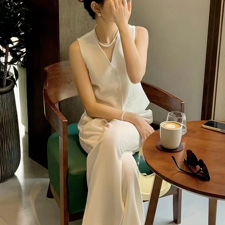 老钱风气质棉麻无袖西服马甲休闲裤两件套装女法式亚麻轻熟风洋气