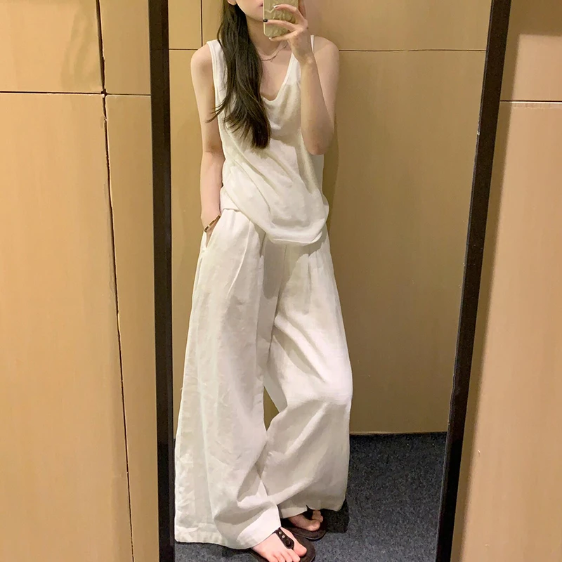 白色亚麻山本裤高腰显瘦宽松休闲拖地裤子老钱风松弛感直筒阔腿裤