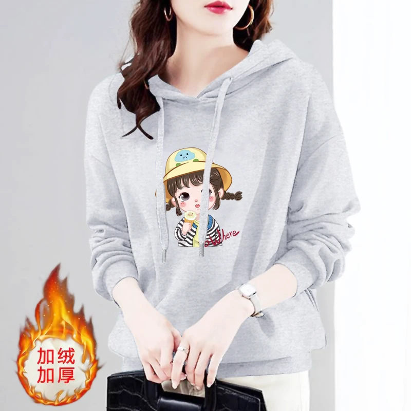 加绒连帽卫衣女秋冬季2023年新款韩版撞色百搭套头加厚上衣