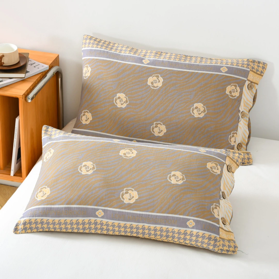 【茶花物语】千鸟格 全棉双层纱枕套 一对成人家用48*72cm±3cm