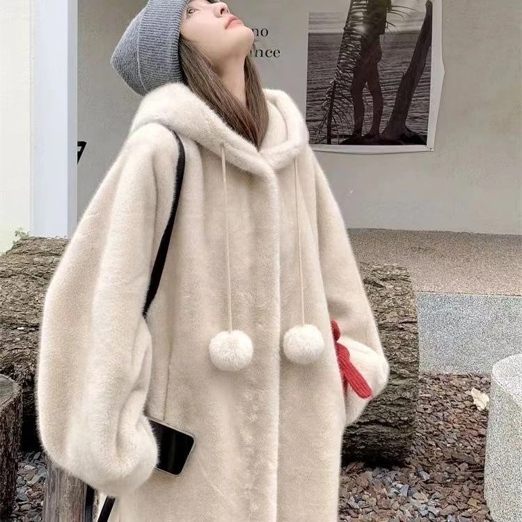 楚扬【圣诞女巫】冬季连帽加厚长款仿水貂大衣皮毛一体环保毛毛外套