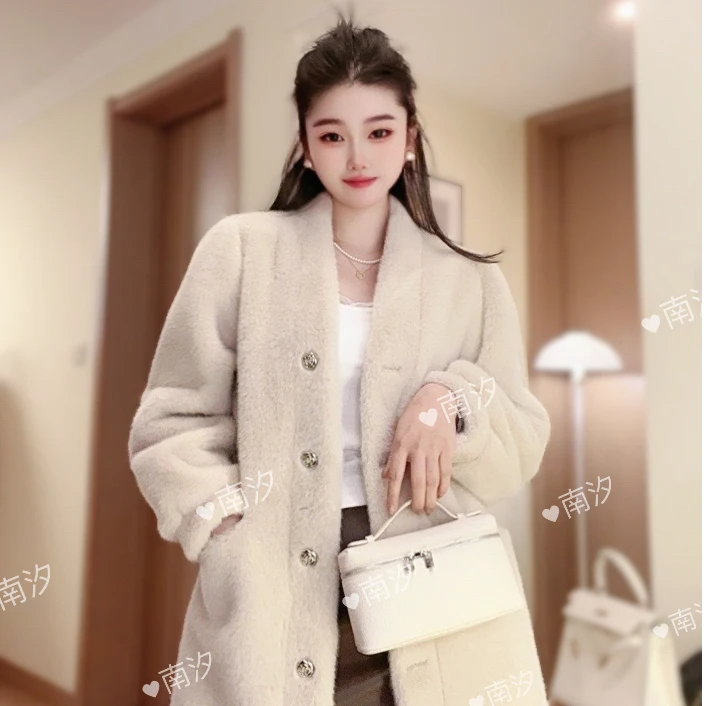 （奶油起司）冬季新款仿貂绒环保毛毛外套中长款皮毛一体毛毛大衣女