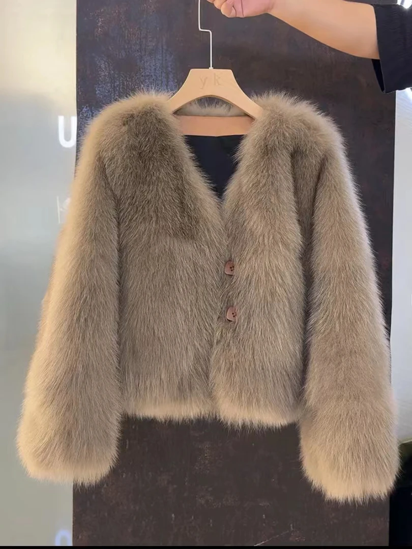 楚扬短外套女秋冬新款仿狐狸毛双扣毛毛衣外套轻奢百搭小香风上衣