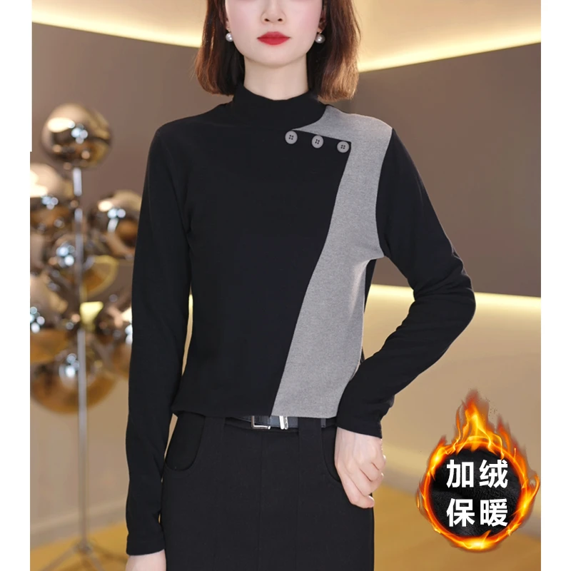 【木凡】冬季新款加绒保暖打底衫女气质设计感长袖上衣T恤
