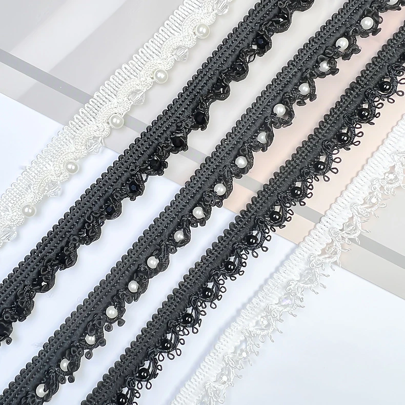 黑色单边手工钉珠花边服装嵌条diy辅料欧美服饰装饰条加水晶花边