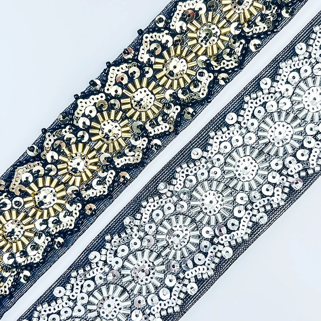 现货4.3厘米爆款网布刺绣管珠加珠片花边diy双边金色珠绣花边辅料