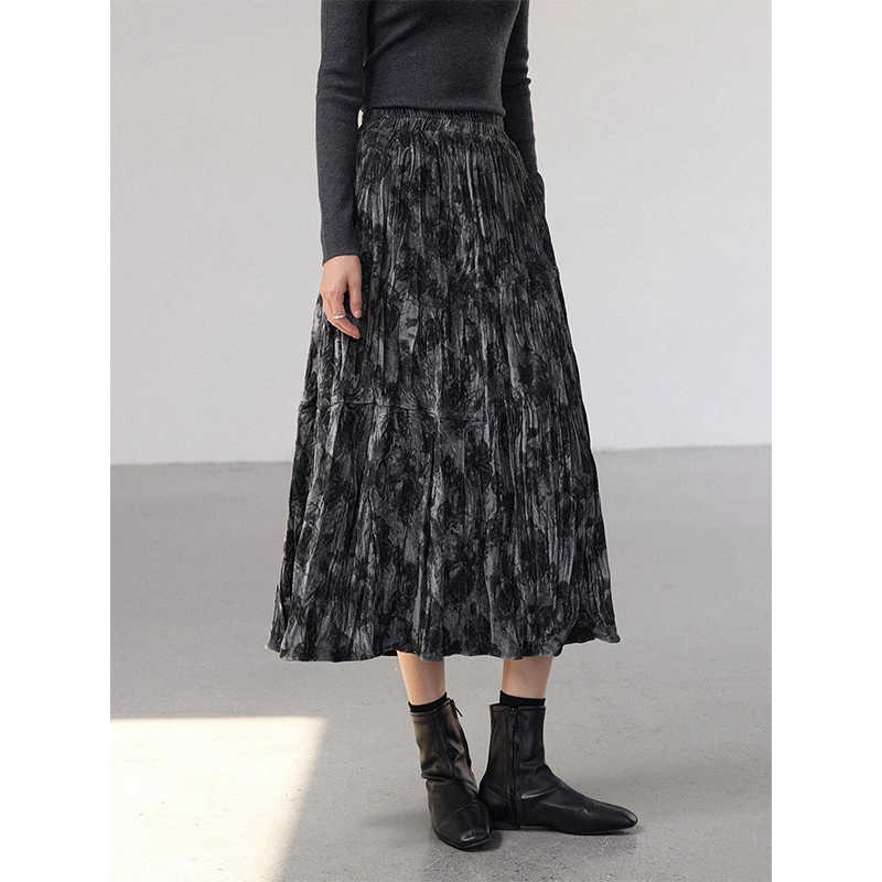 素典【绒绒细语】复古褶皱水墨画丝绒半身裙高腰a字气质长裙2565