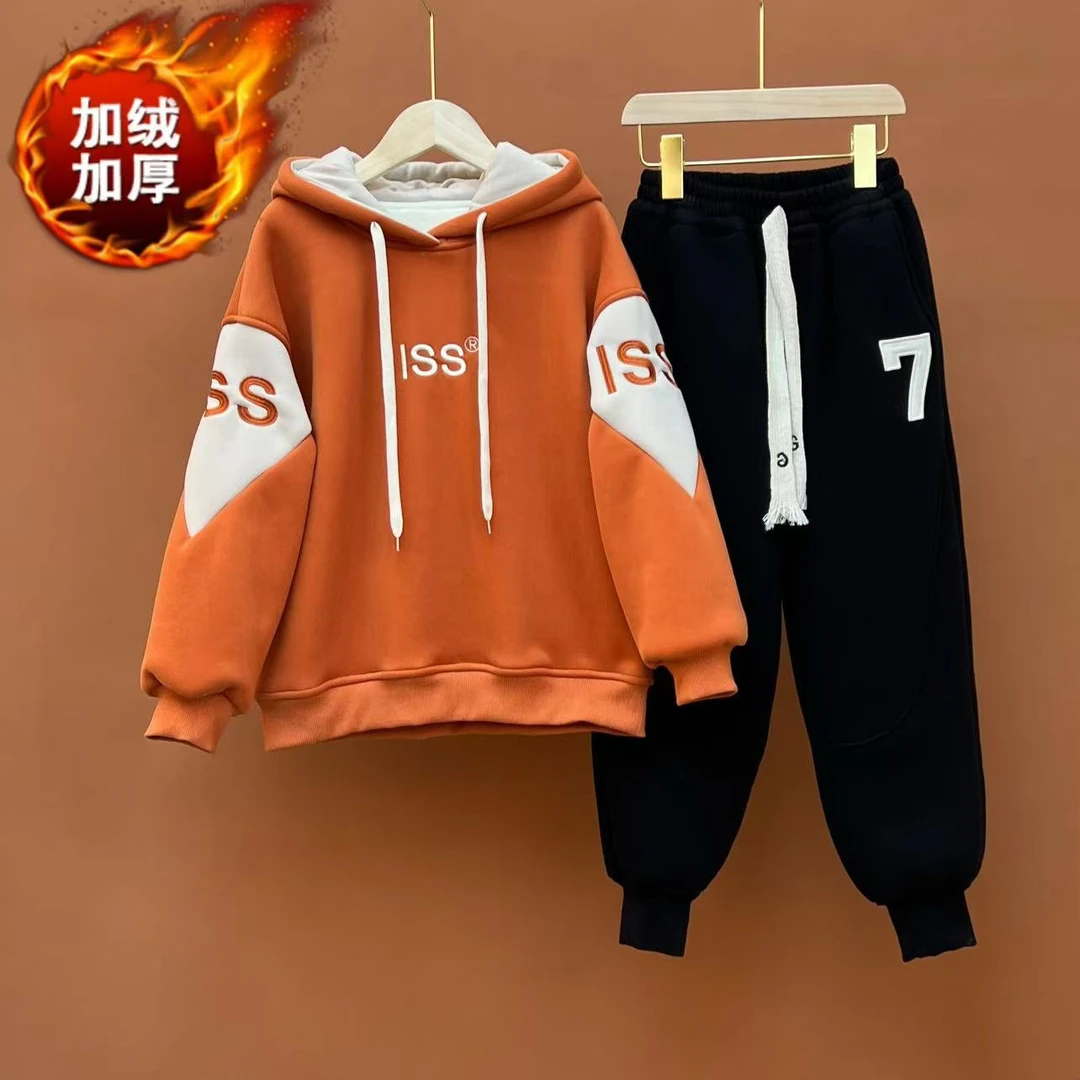 冬款加绒男女童加绒卫衣套装中大童一体绒上衣亲子装