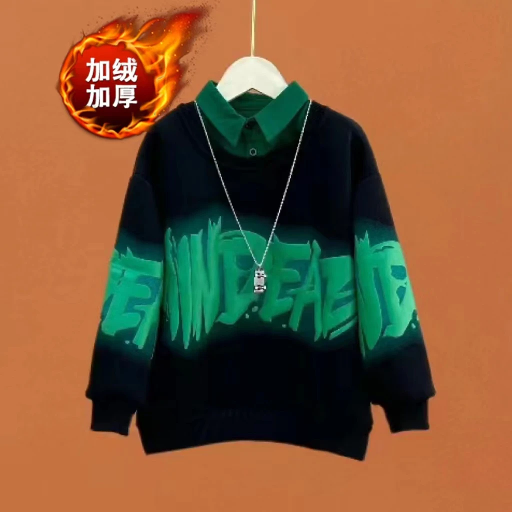 冬款加绒男女童圆领卫衣中大童秋冬一体绒上衣（不含衬衫）