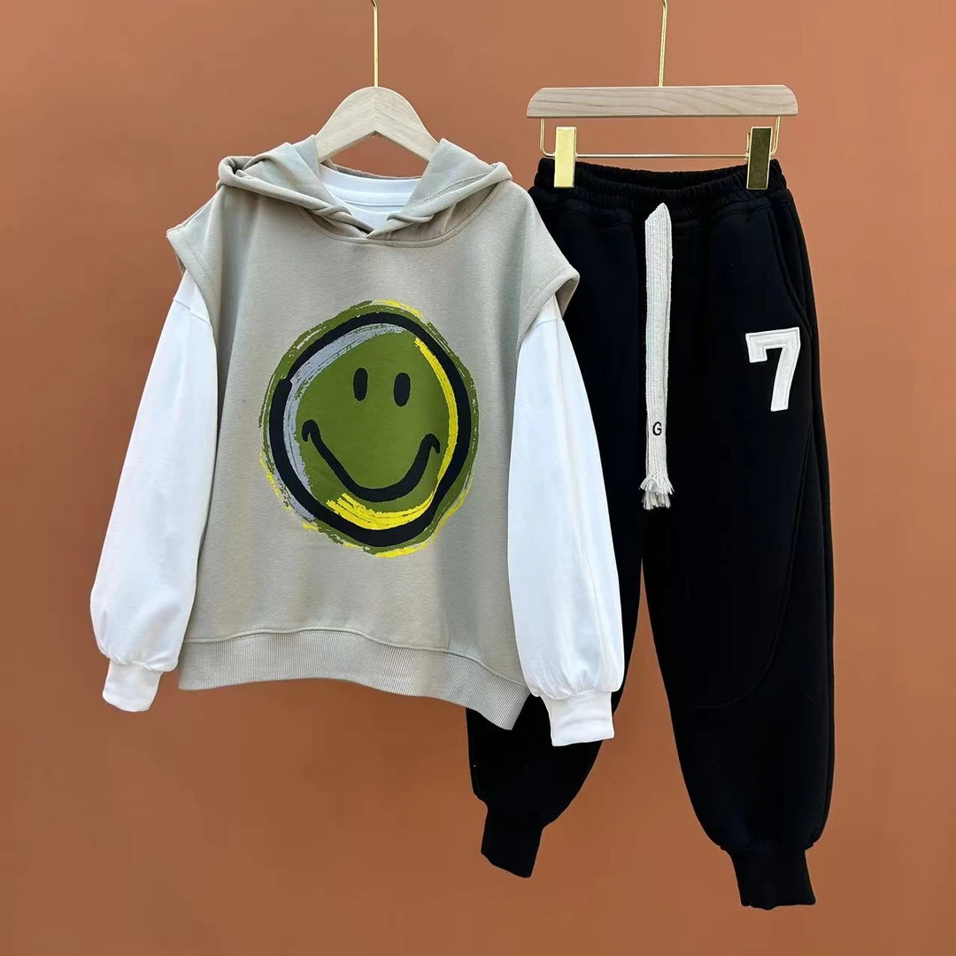 儿童春装2024春季新款大男童装连帽卫衣假两件休闲套装