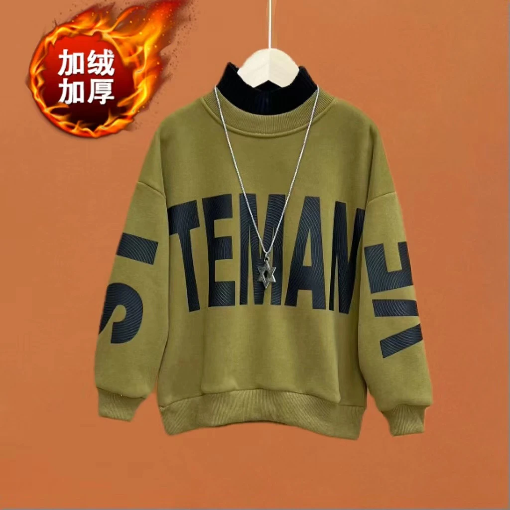 现货冬款男女童加绒圆领卫衣中大童一体绒加厚上衣军绿亲子装
