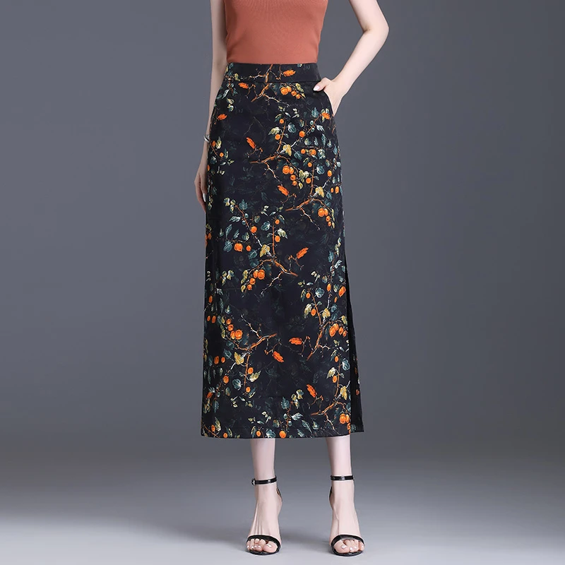 印花侧开叉包臀裙女夏高腰显瘦中长款一步裙2025碎花雪纺半身长裙